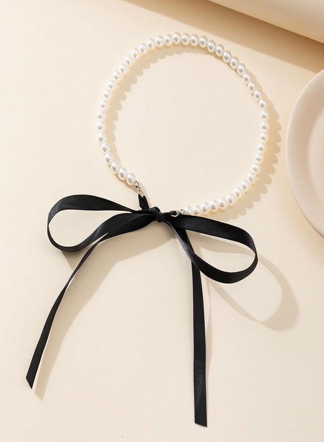JAVARNV Pearl Necklaces for Women Trendy Black Ribbon Bow Choker Necklace Pearl Choker Necklace Valentines Day Gifts Black, Adjustable - Image 2